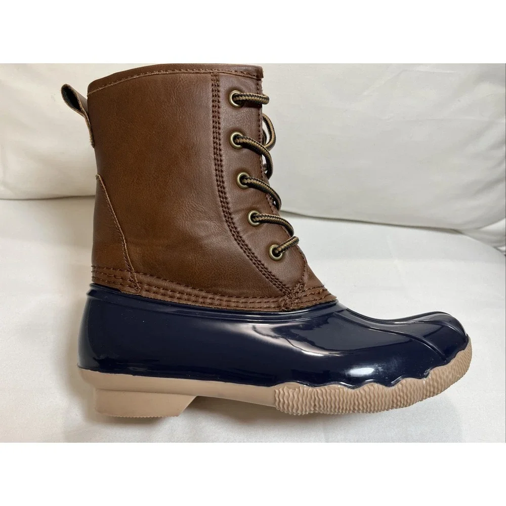 Highland Creek Kids Duck Boots Size 3 Brown/Navy Sherpa Lined Winter Rain Boots